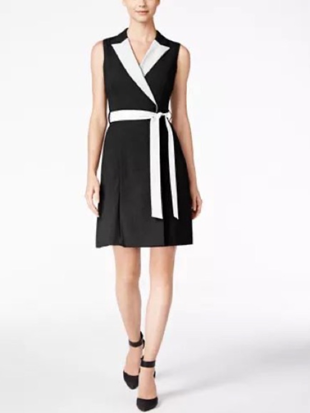 Calvin Klein Black Sleeveless Midi Dress with White Lapel